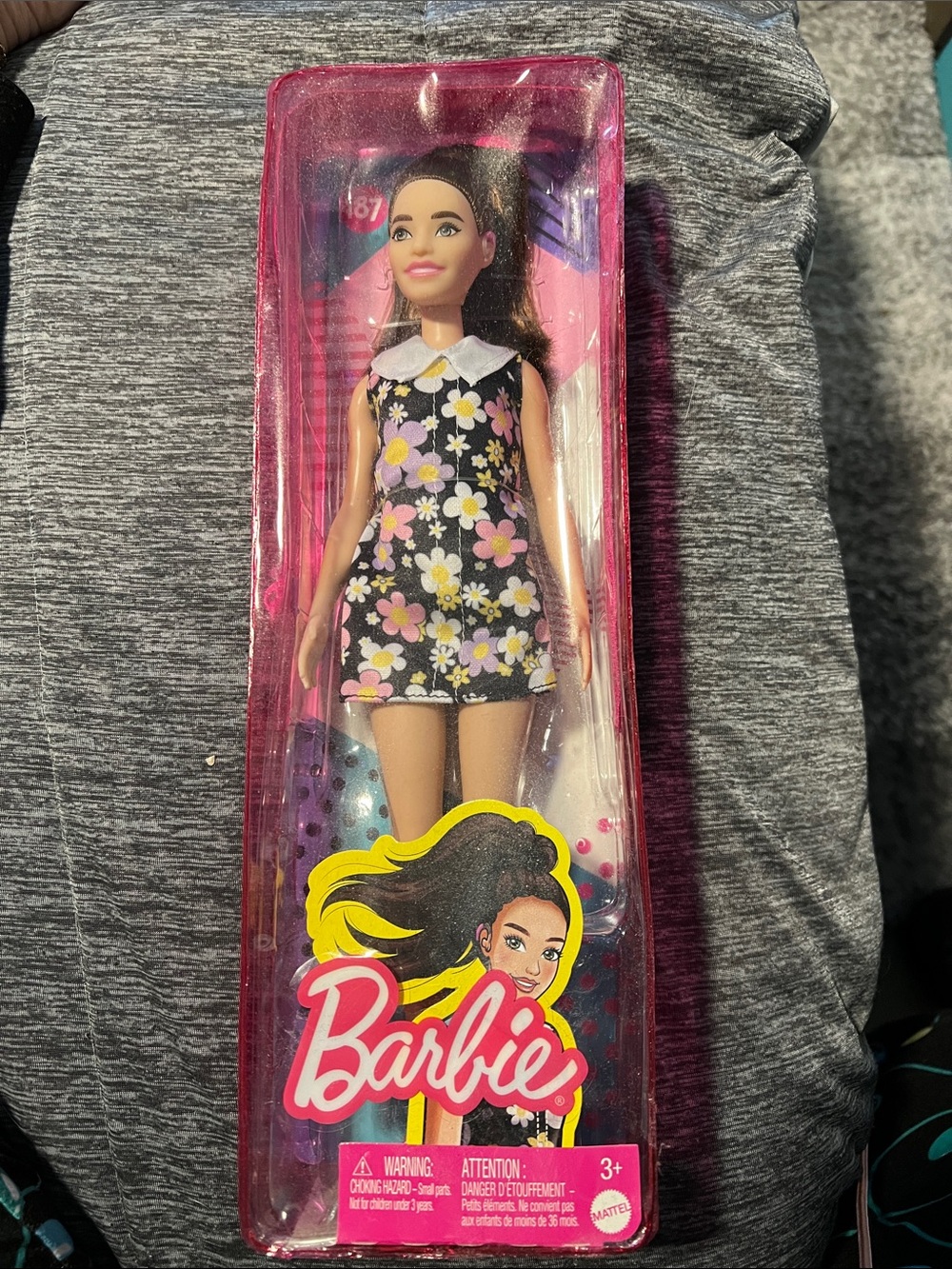 Barbie With Cochlear Implant on Black Floral Dress Doll with Pink & White Flower